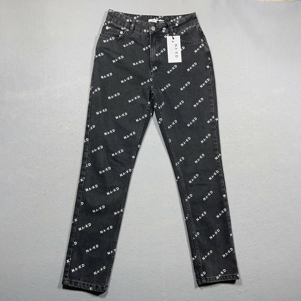 NA-KD Allover Print Jeans Women 6 Straight Leg Grey Wash Streetwear Denim Skater